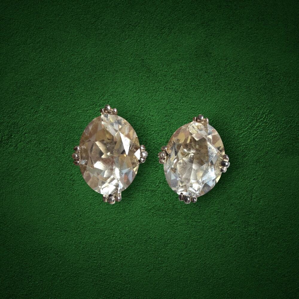 MEDA 925 Sterling Silver Large Oval Clear Stone Stud Earrings
